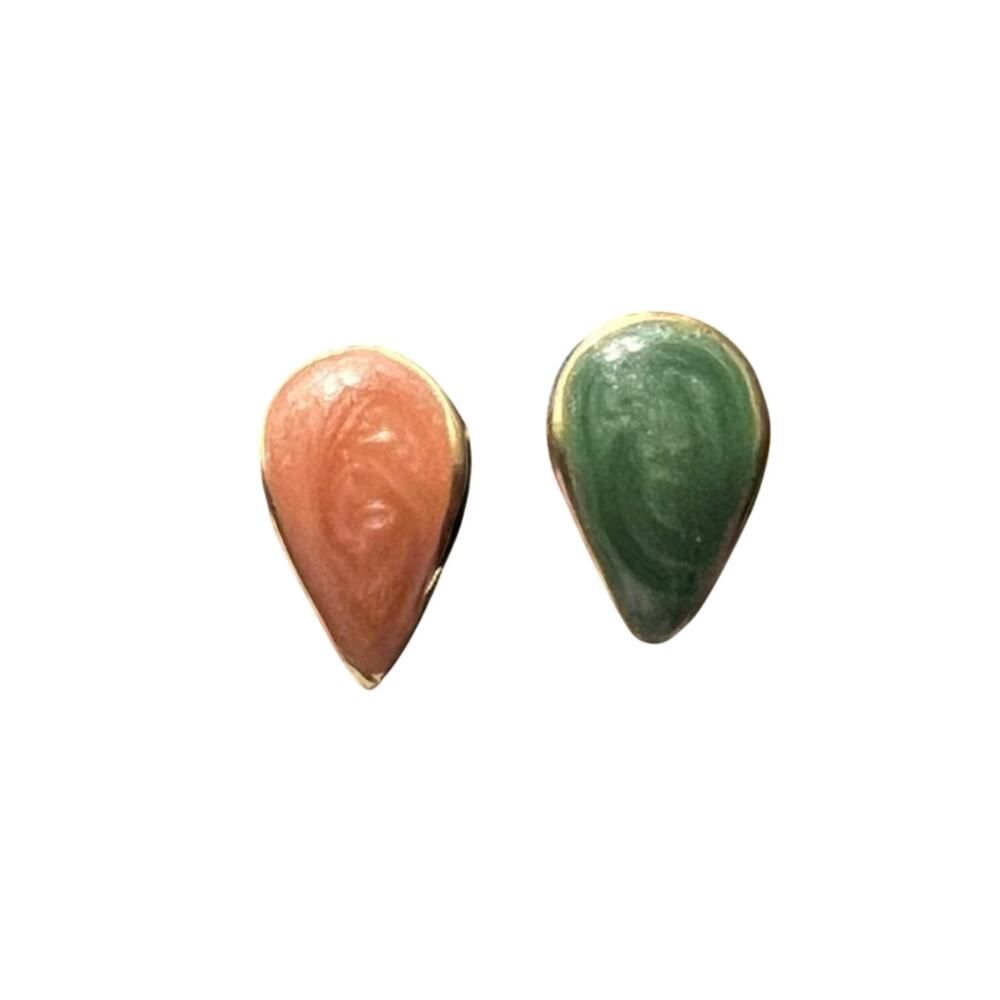 Vintage Mismatched Teardrop Stud Earrings Coral Green Gold